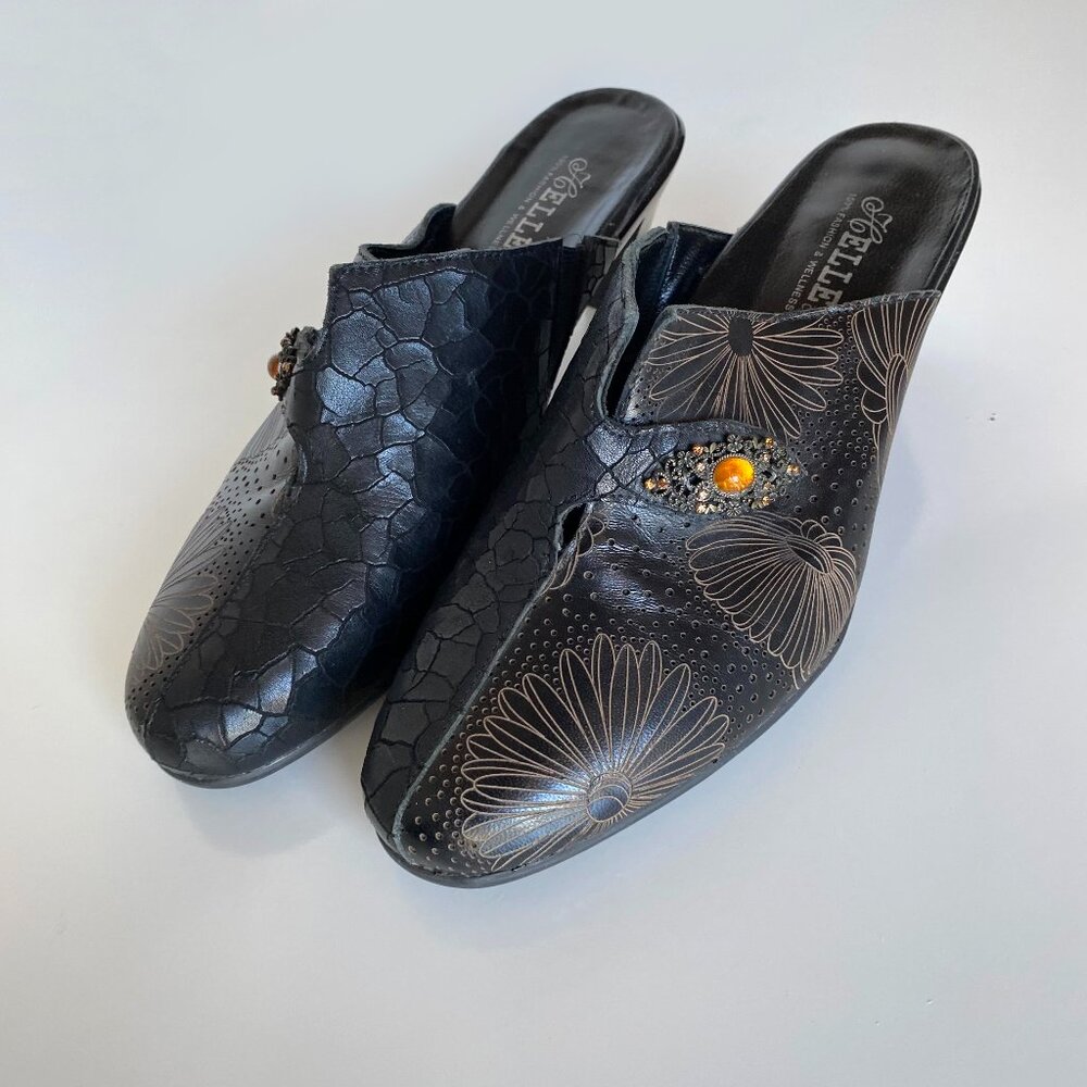 Helle Comfort Jemma 39 Slide Black Bootie Embossed Crocodile Jewel Heel US 8